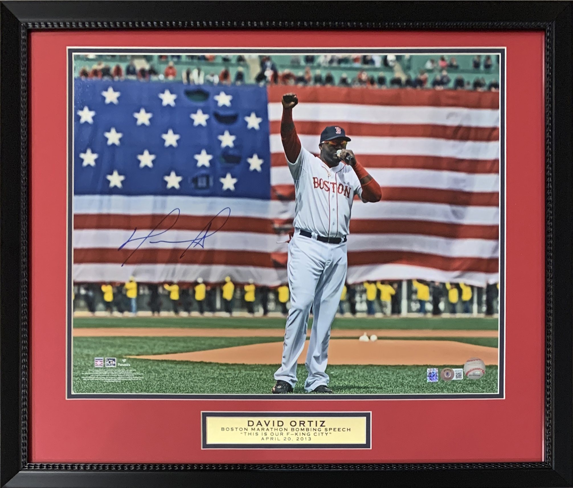 David Ortiz Autographed Boston Red Sox Signed Baseball 16x20 Framed Boston Marathon Bombing Photo THIS IS OUR F—ING CITY Beckett COA David Ortiz Autographed Boston Red Sox Signed Baseball 16x20 Framed Boston Marathon Bombing Photo THIS IS OUR F—ING CITY Beckett COA