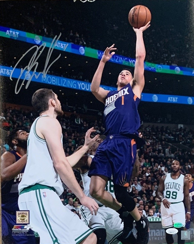 Devin Booker Autographed Phoenix Signed Basketball 16x20 Photo Purple Jersey JSA Devin Booker Autographed Phoenix Signed Basketball 16x20 Photo Purple Jersey JSA
