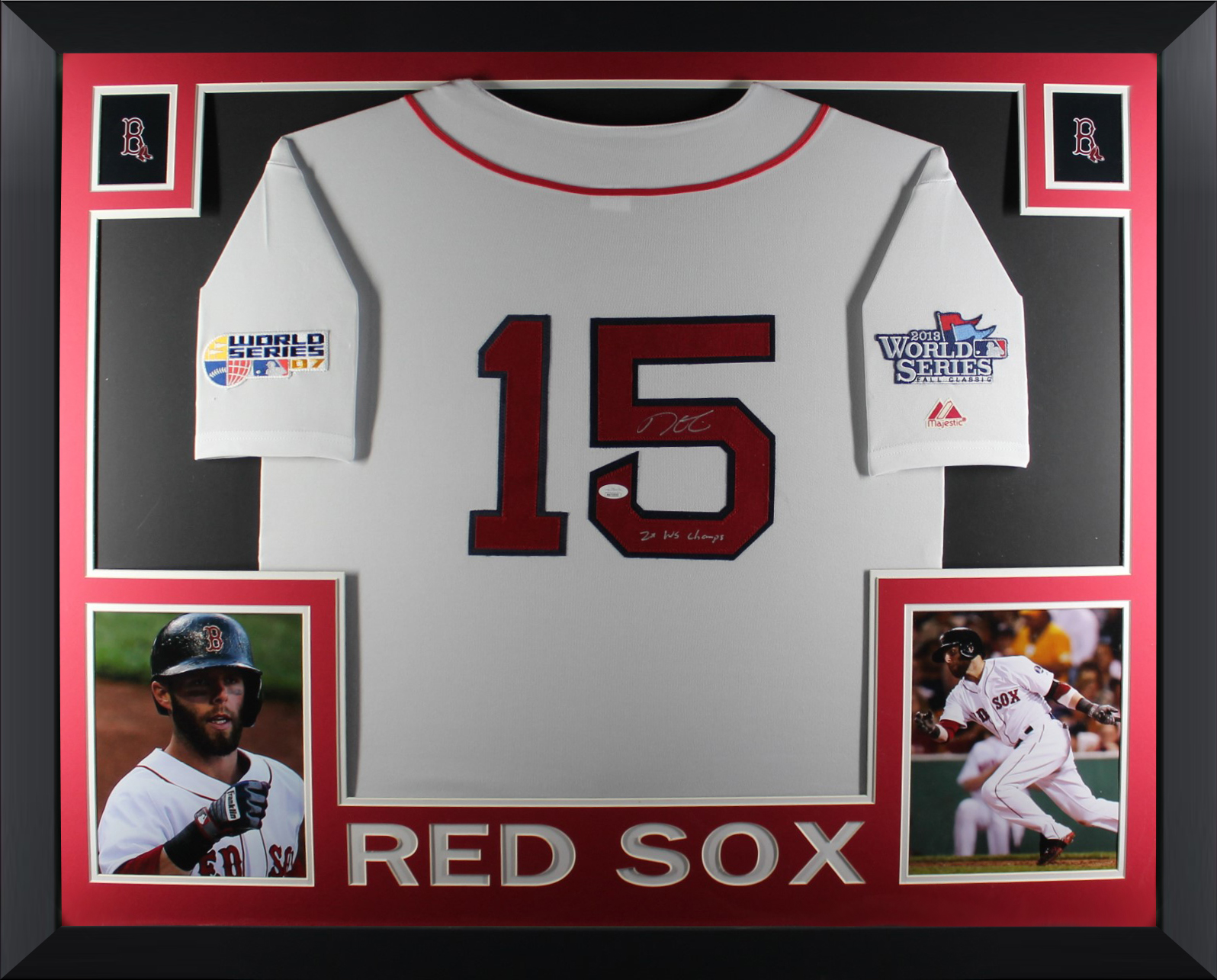 Dustin Pedroia Autographed Boston Red Sox Signed Majestic Baseball Framed Jersey 2 x World Series Champion JSA COA