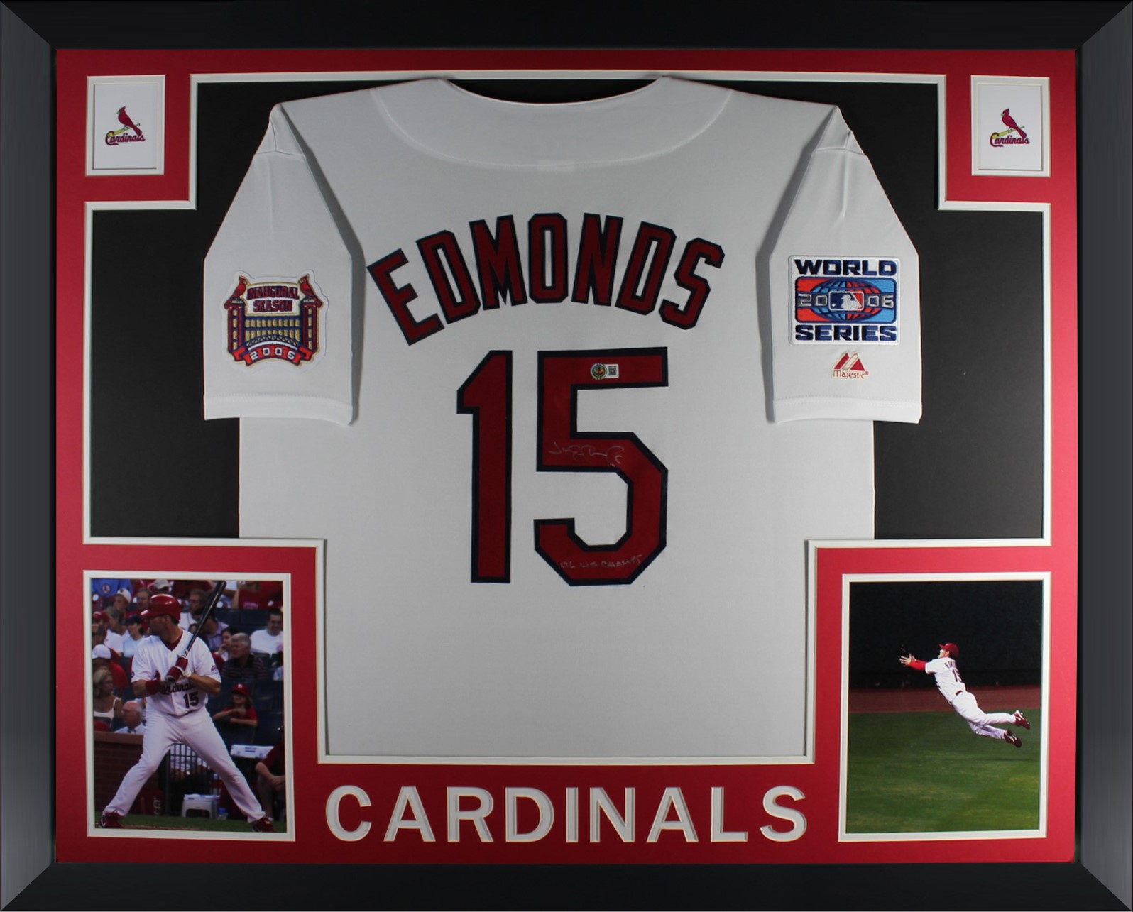 Jim Edmonds Autographed St Louis Cardinals Signed Majestic Baseball Framed Jersey 2006 WS CHAMPS Beckett Certified COA