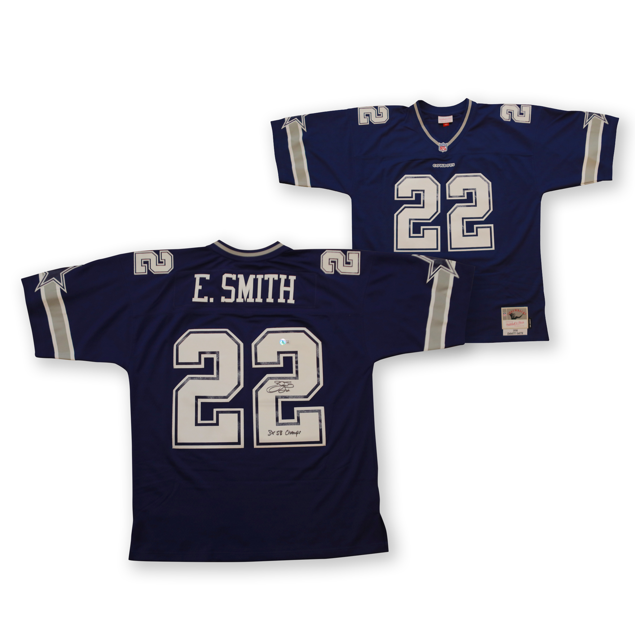 Emmitt Smith Autographed Dallas Cowboys Signed Mitchell & Ness Football Jersey 3 x SB CHAMP Beckett COA Blue