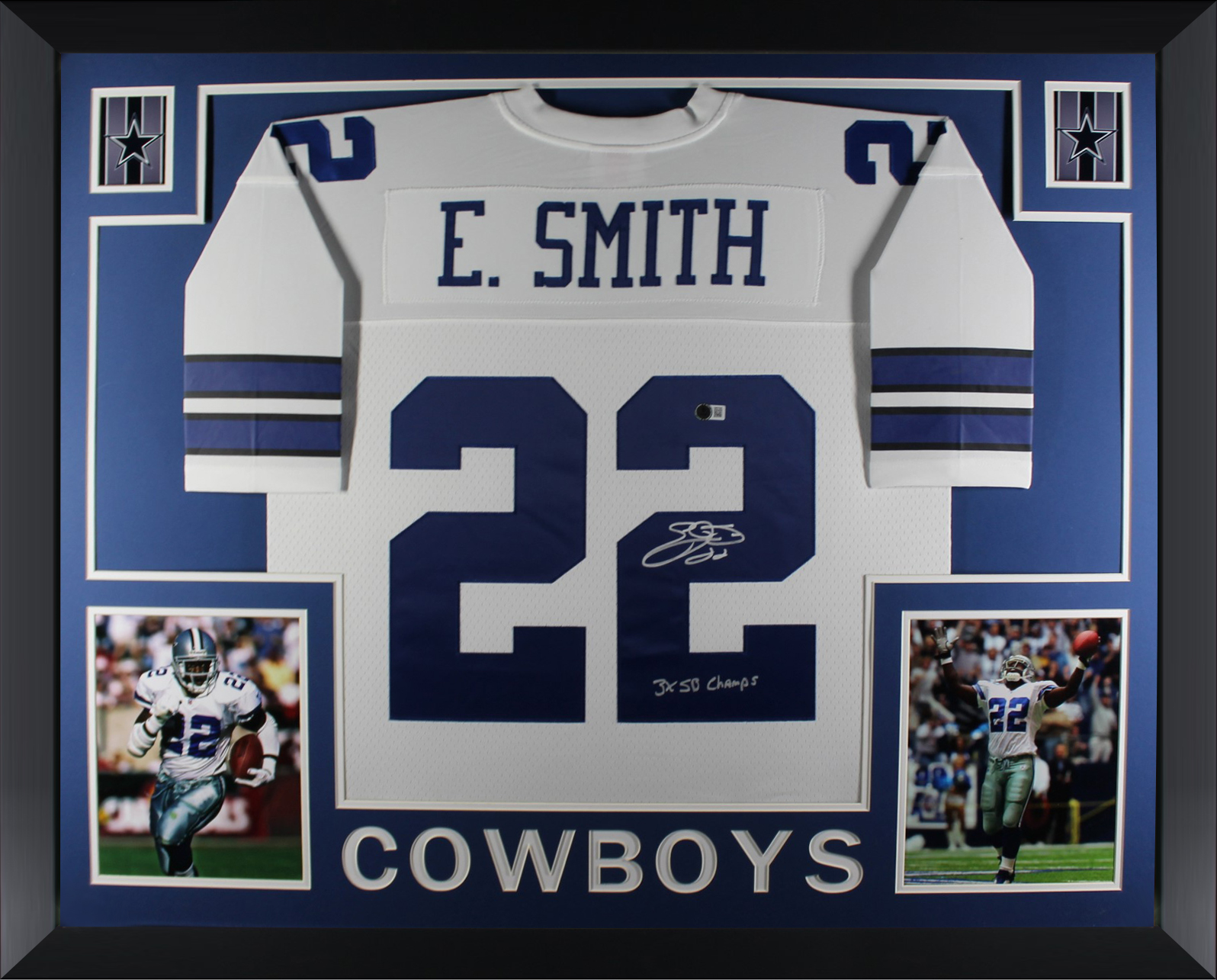Emmitt Smith Autographed Dallas Cowboys Signed Mitchell & Ness Football Framed Jersey 3 x SB CHAMP Beckett COA White