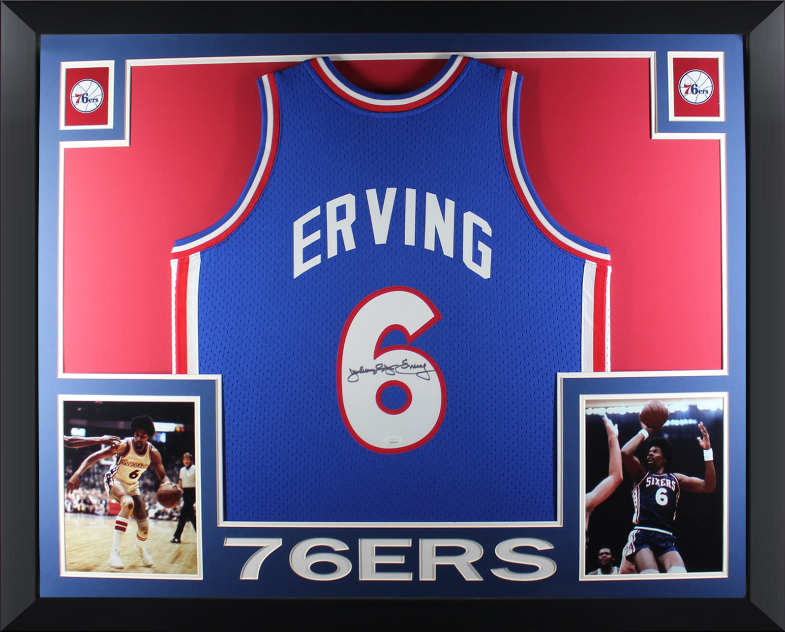 Julius Erving Autographed Philadelphia 76ers Signed Mitchell & Ness Swingman Basketball Framed Jersey JSA COA