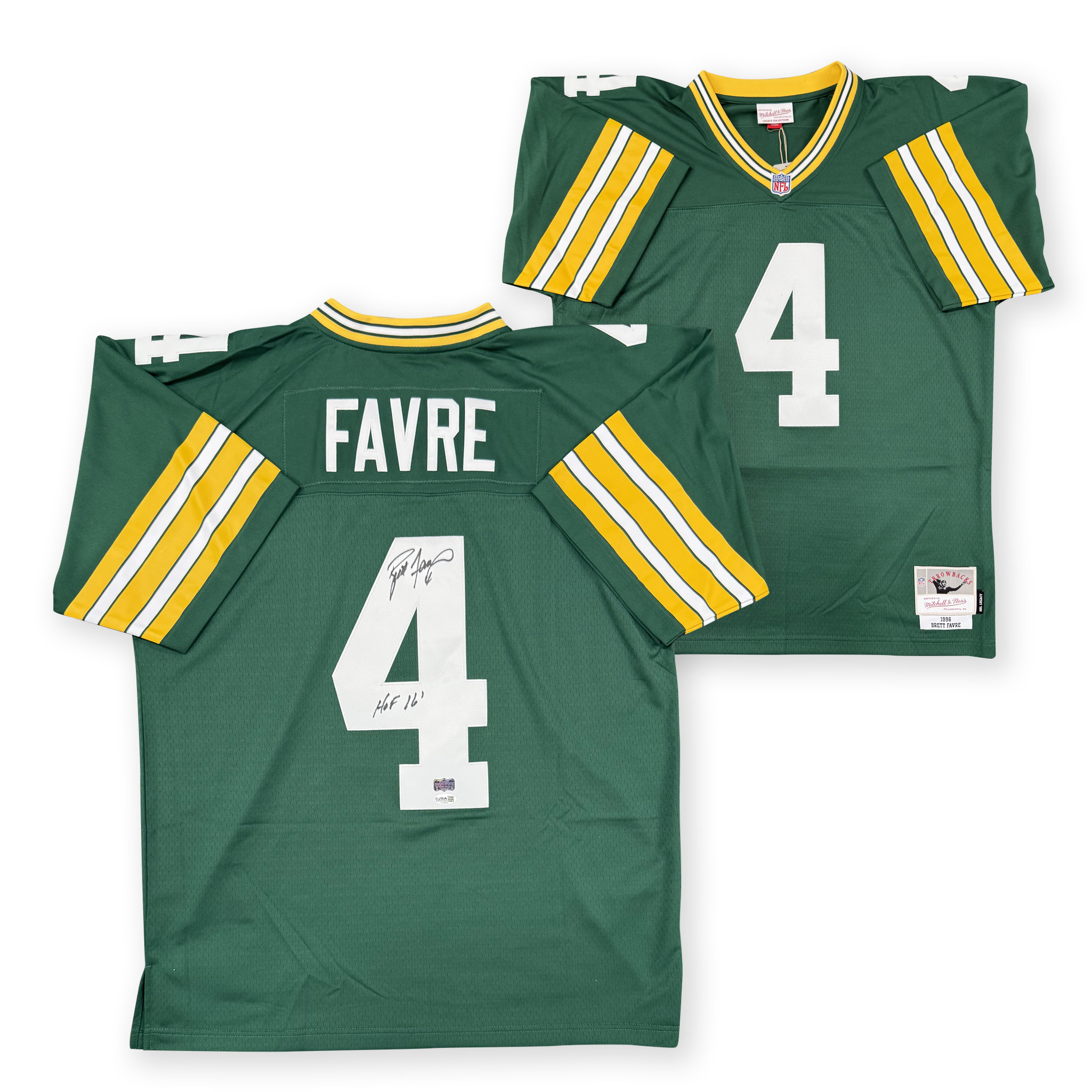Brett Favre Autographed Green Bay Packers Signed Mitchell and Ness Football Jersey Hall of Fame HOF 16 JSA COA
