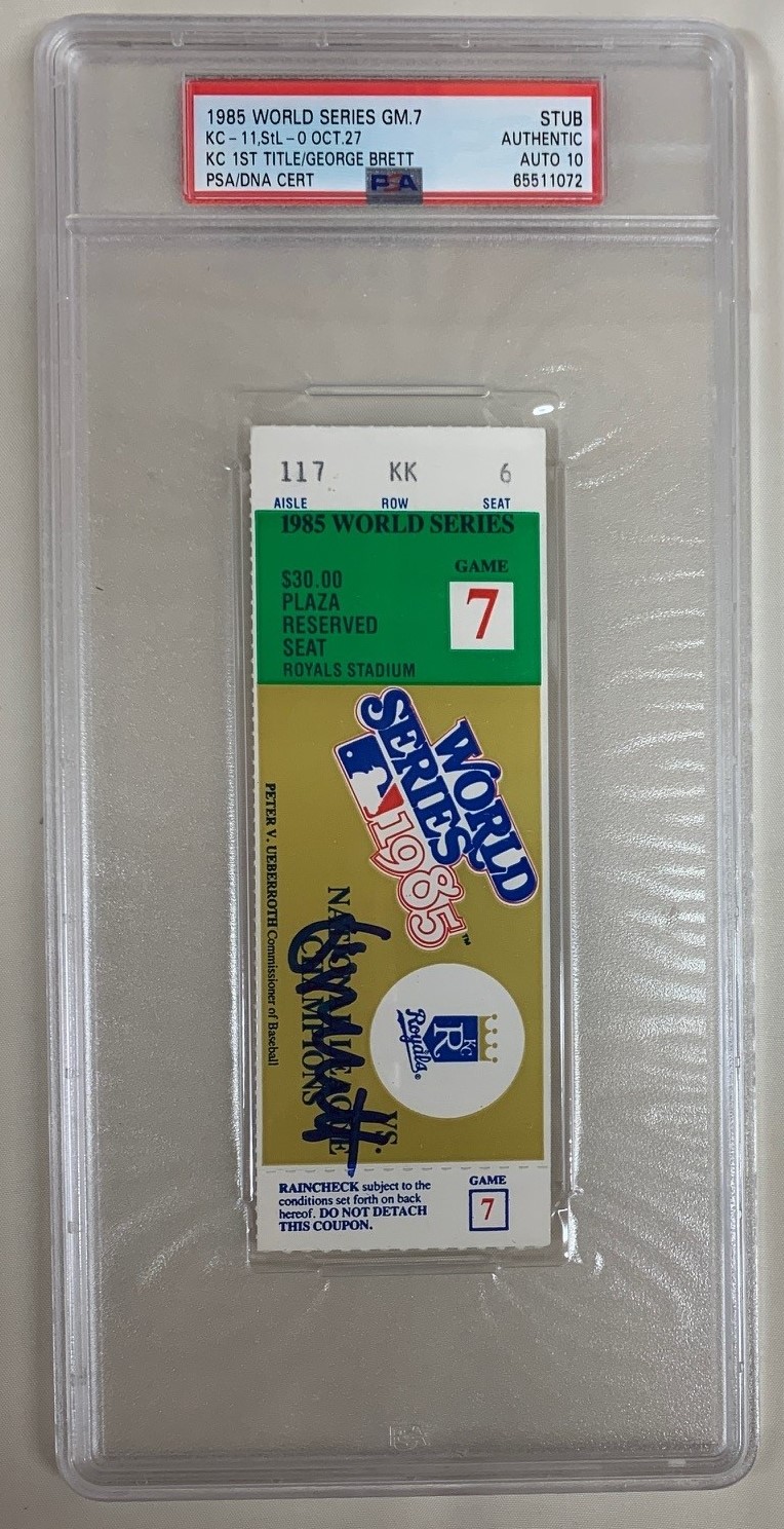 George Brett Autographed Kansas City Royals Signed 1985 World Series Baseball Ticket Game 7 Auto Graded PSA 10 George Brett Autographed Kansas City Royals Signed 1985 World Series Baseball Ticket Game 7 Auto Graded PSA 10