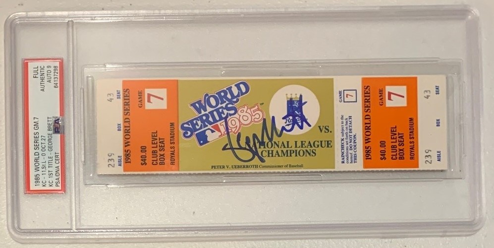 George Brett Autographed Kansas City Signed 1985 World Series Baseball Ticket Game 7 Auto Graded PSA 9