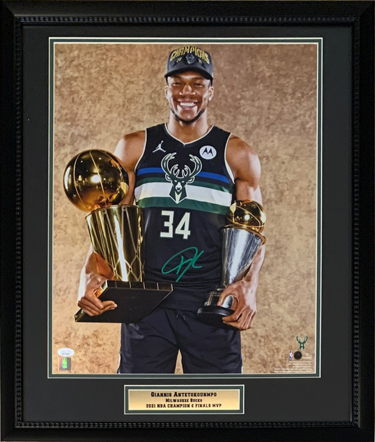 Giannis Antetokounmpo Autographed Milwaukee 2021 Finals 16x20 Framed Photo JSA