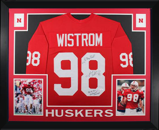 Grant Wistrom Autographed Nebraska Signed Football Stats Framed Jersey 94 95 97 NATL CHAMPS JSA COA
