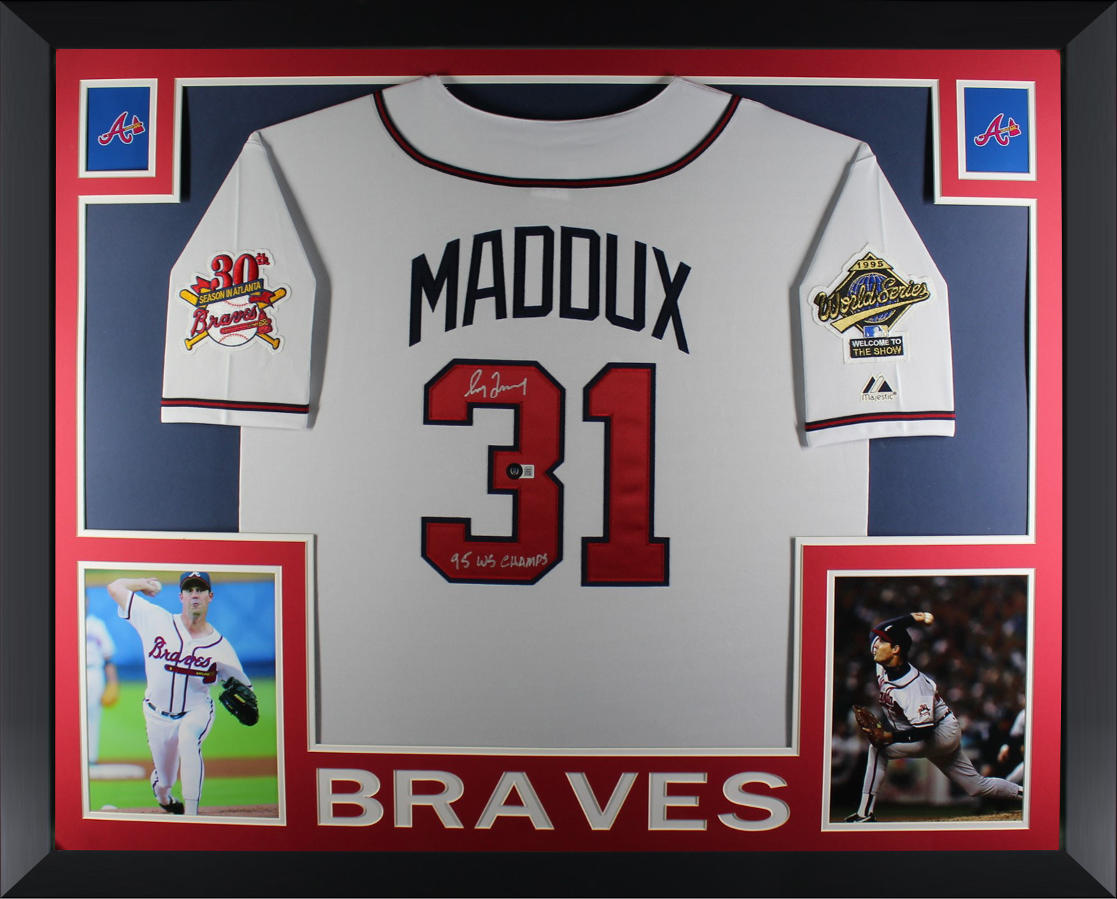Greg Maddux Autographed Atlanta Braves 1995 World Series Signed Majestic Baseball Framed Jersey Beckett COA