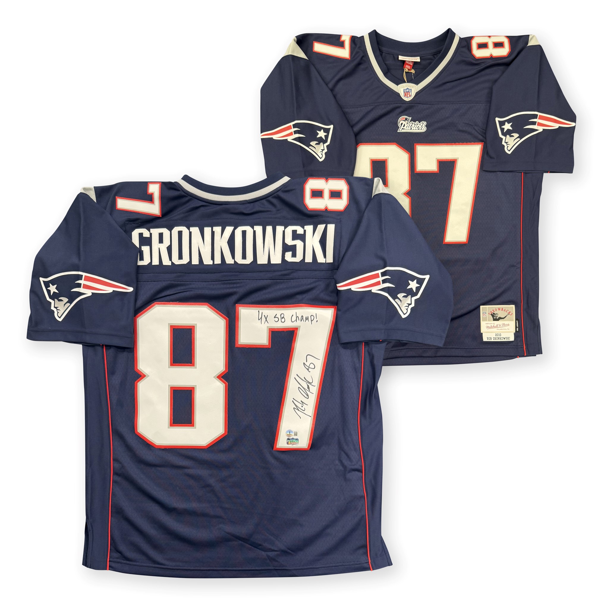Rob Gronkowski Autographed New England Patriots Signed Mitchell and Ness Football Jersey 4 x Super Bowl Champion Beckett Authenticated COA