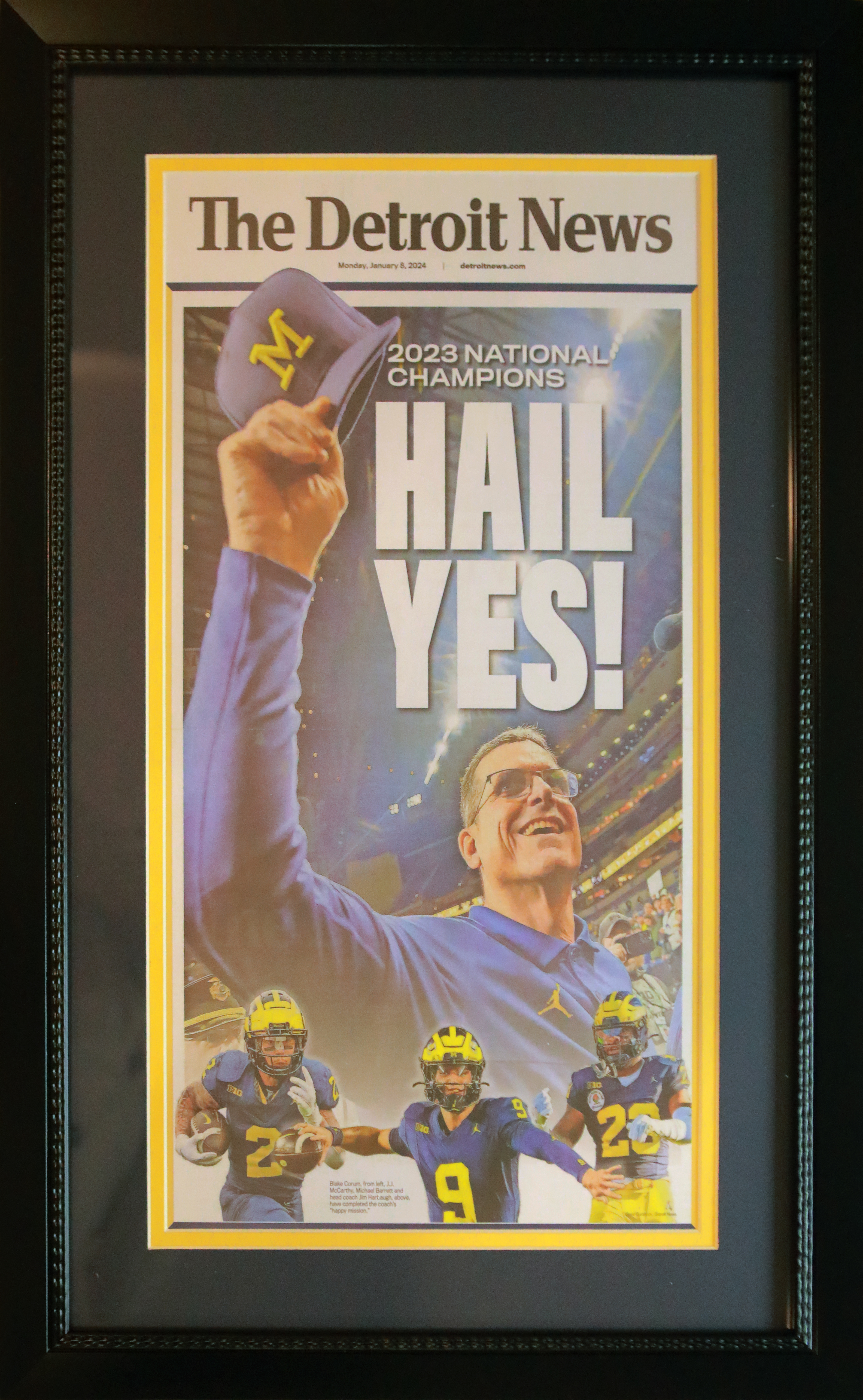 Michigan Wolverines 2024 National Champions HAIL YES Detroit News Framed 14x26 Football Newspaper ORIGINAL