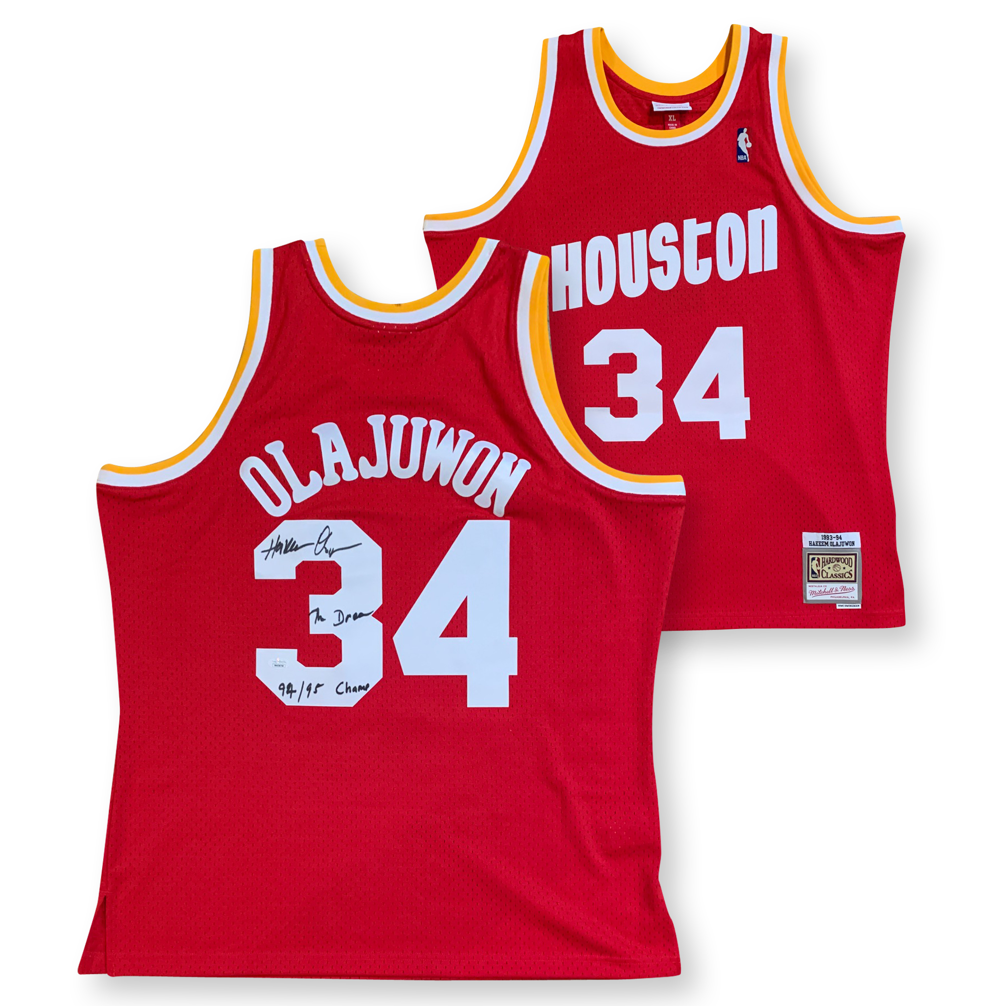 Hakeem Olajuwon Autographed Houston Red Mitchell & Ness Swingman Signed Basketball Jersey CHAMPS JSA COA