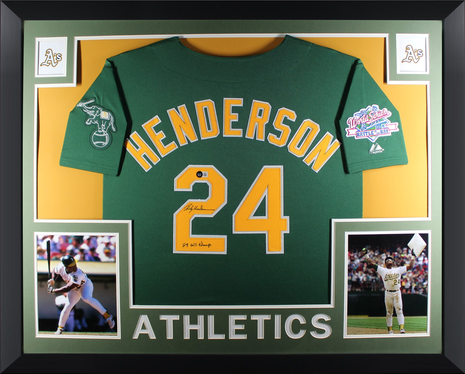Rickey Henderson Autographed Oakland Athletics 1989 World Series Signed Majestic Baseball Green Framed Jersey Beckett COA