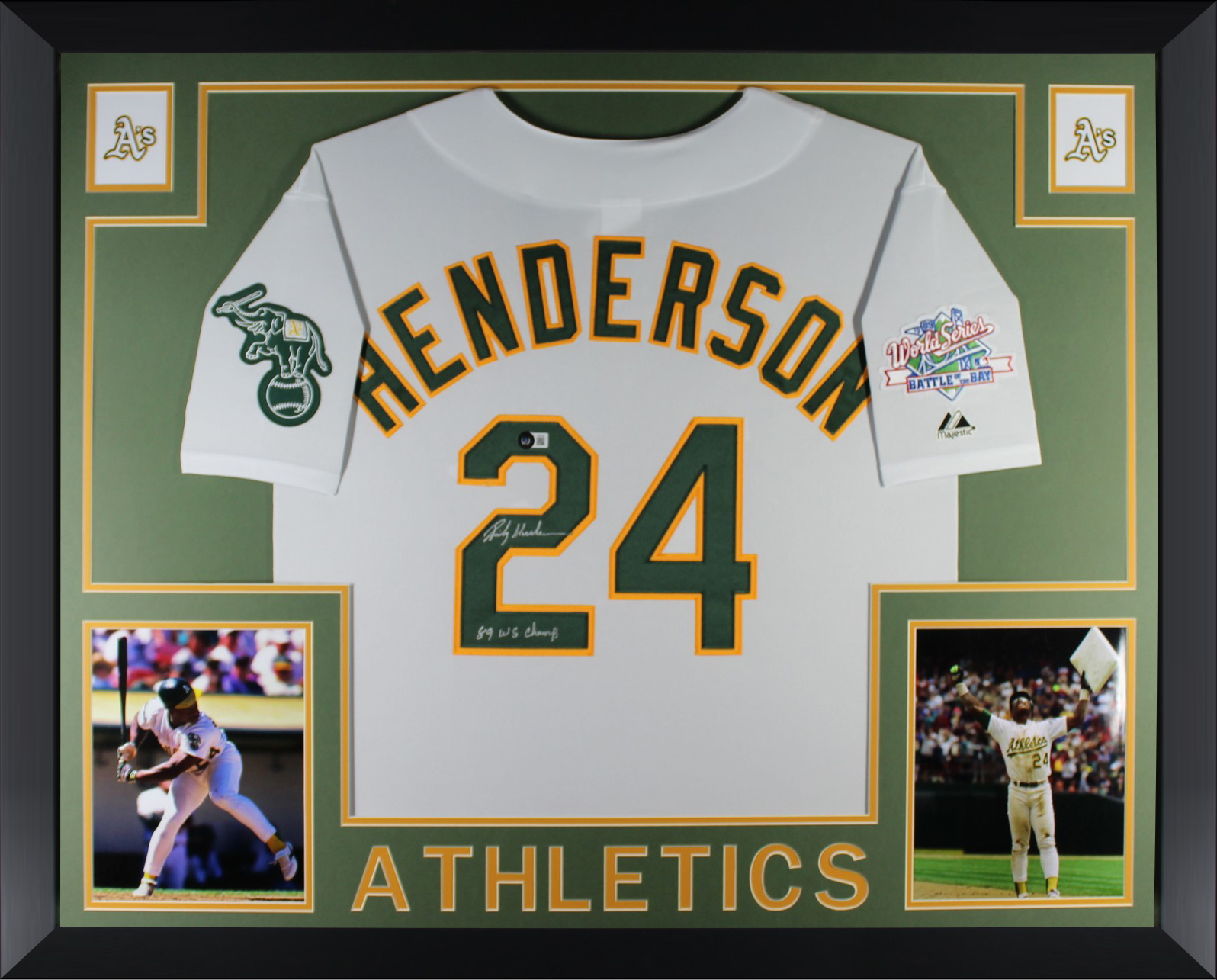 Rickey Henderson Autographed Oakland Athletics 1989 World Series Signed Majestic Baseball White Framed Jersey Beckett COA