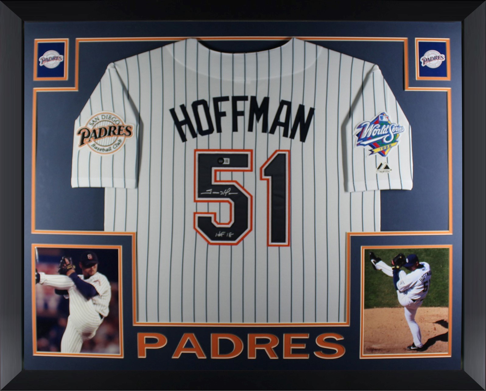 Trevor Hoffman Autographed San Diego Padres Signed Majestic Baseball Framed Jersey Hall of Fame HOF 18 Beckett Witness Authenticated