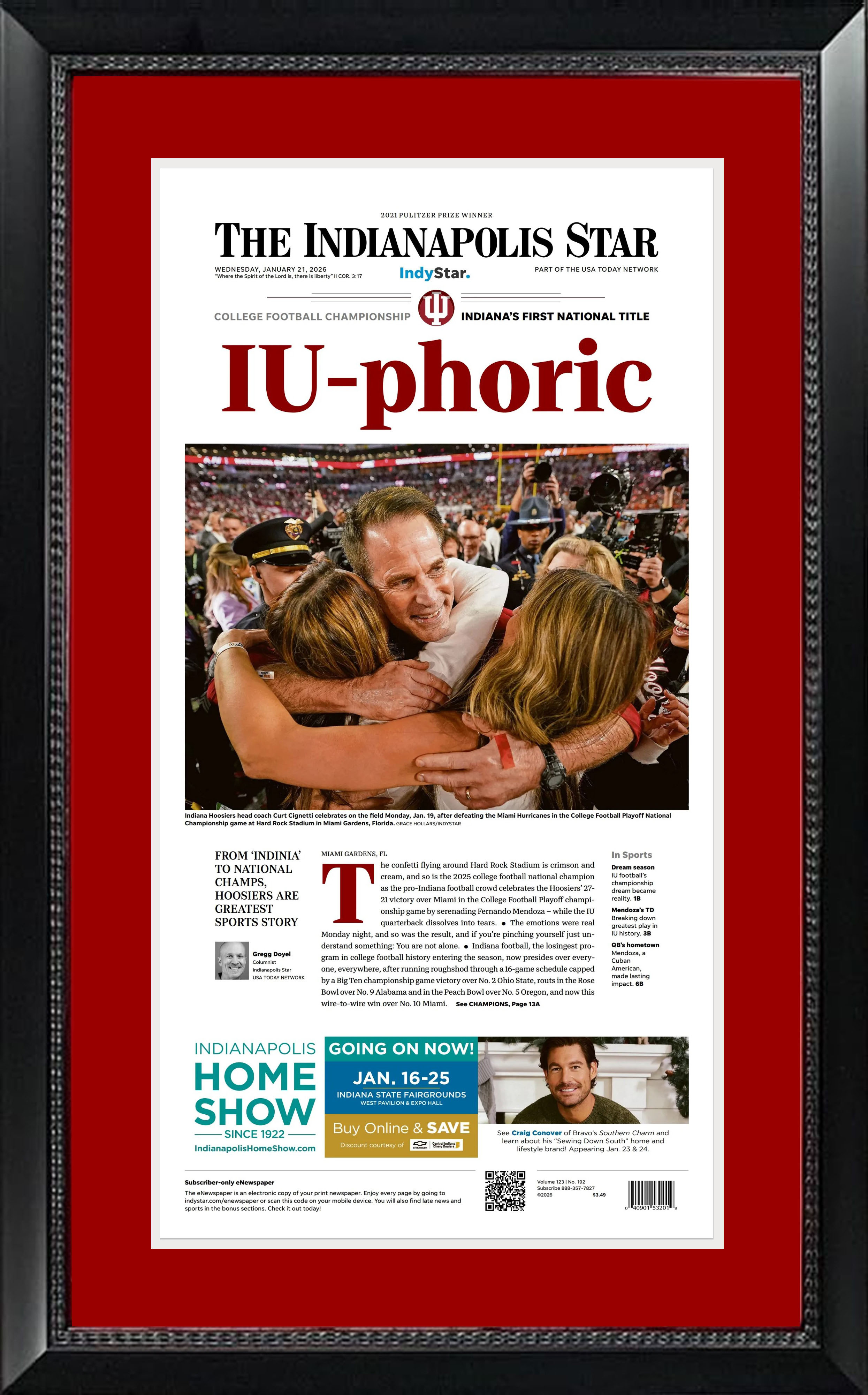 Indiana Hoosiers Championship Celebration Original Indianapolis Star Front Page Framed Newspaper 14x26
