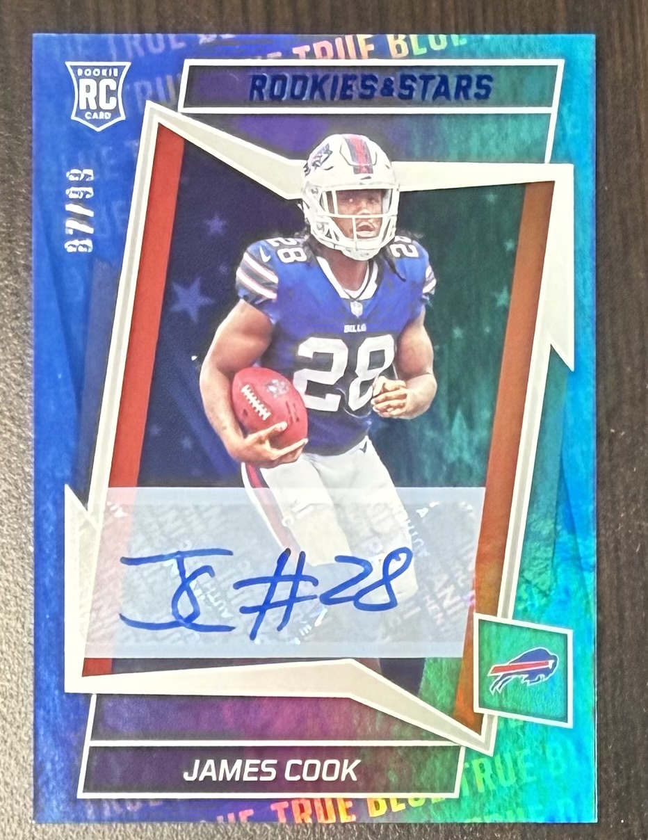 James Cook 2022 Panini Rookies & Stars True Blue Buffalo Bills Signed Football RC Rookie Card #109 Auto #87/99