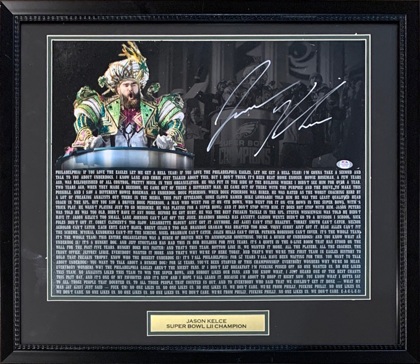 Jason Kelce Autographed Philadelphia Eagles Signed Super Bowl LII Speech 16x20 Framed Photo PSA DNA COA DAMAGED