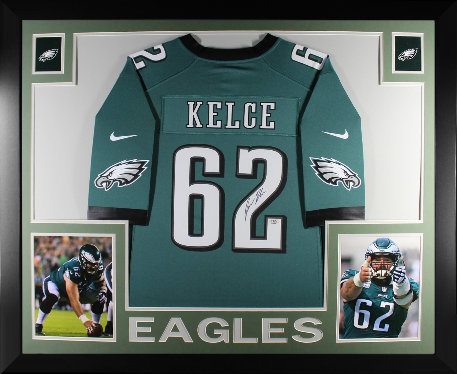 Jason Kelce Autographed Philadelphia Eagles Signed Nike Game Football Framed Jersey PSA DNA COA