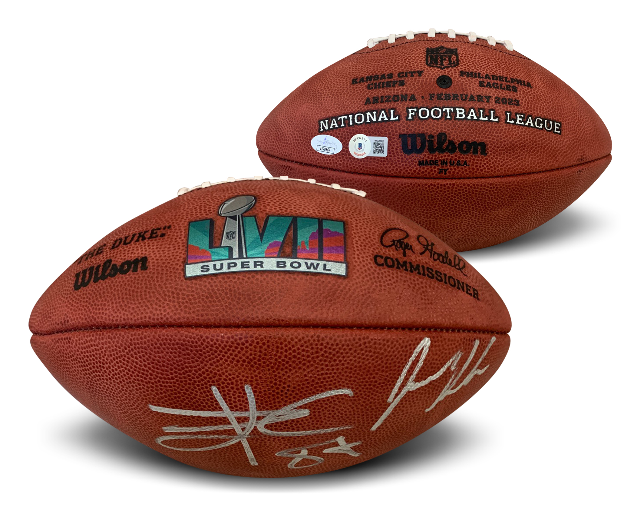 Travis Kelce and Jason Kelce Autographed Super Bowl 57 LVII Signed Authentic Football Beckett JSA COA
