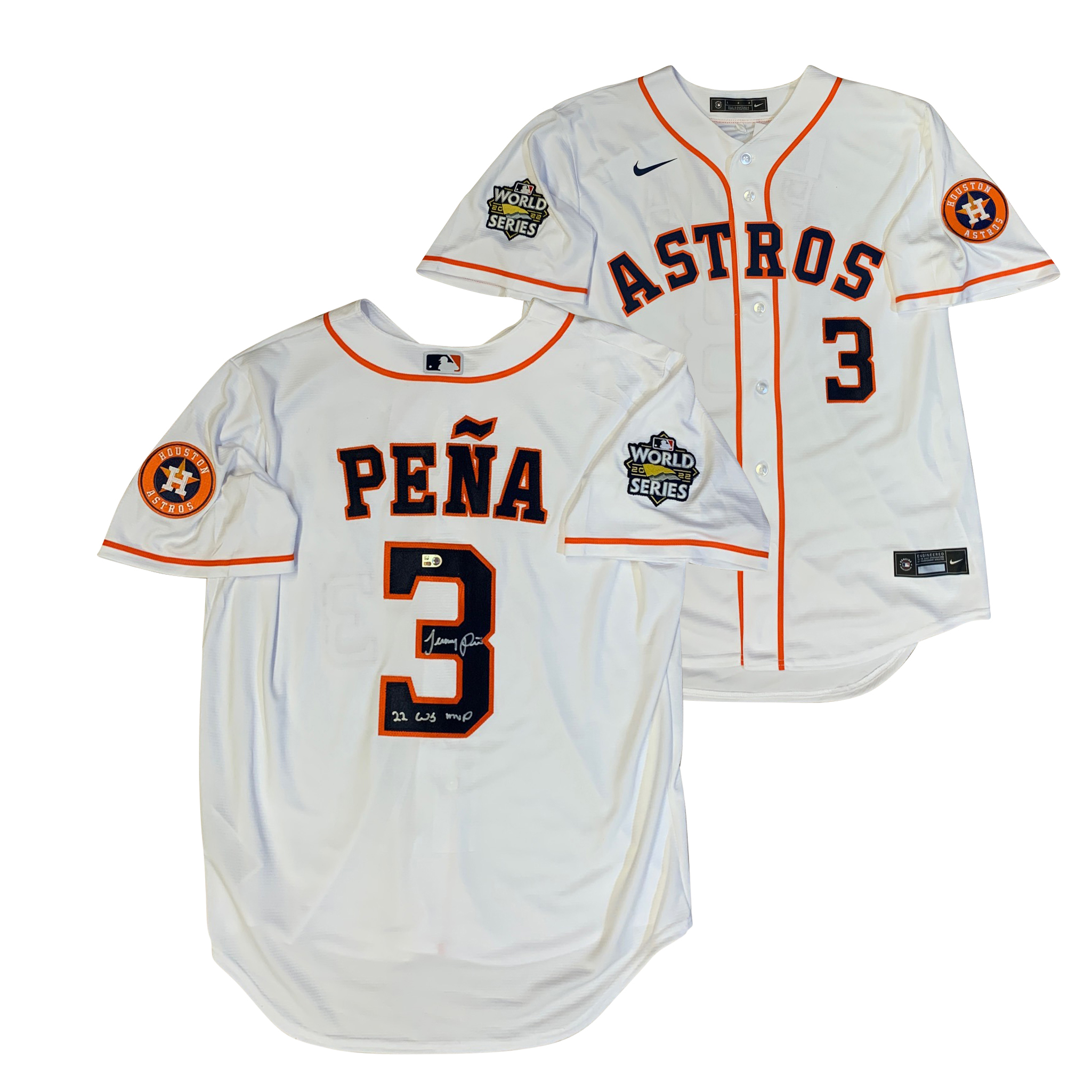 Jeremy Pena Autographed Houston Astros 2022 World Series MVP Signed Nike Replica Baseball Jersey MLB Authenticated COA Jeremy Pena Autographed Houston Astros 2022 World Series MVP Signed Nike Replica Baseball Jersey MLB Authenticated COA
