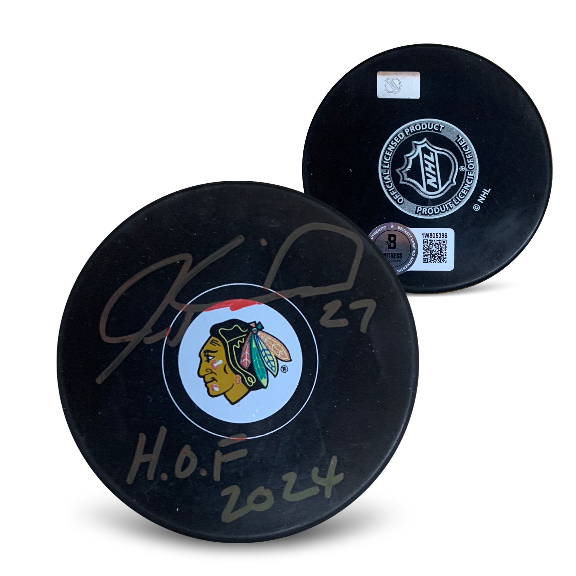 Jeremy Roenick Autographed Chicago Blackhawks Signed Hockey Puck Hall of Fame HOF 24 Beckett COA