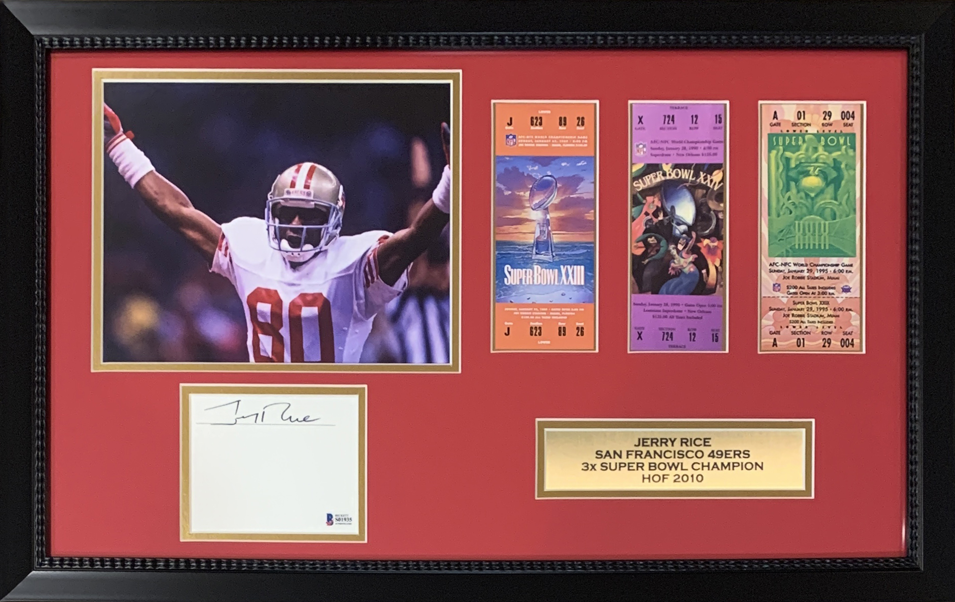 Jerry Rice Autographed San Francisco 49ers Signed Super Bowl Ticket Photo 16x26 Framed Display Beckett Authentication COA Jerry Rice Autographed San Francisco 49ers Signed Super Bowl Ticket Photo 16x26 Framed Display Beckett Authentication COA