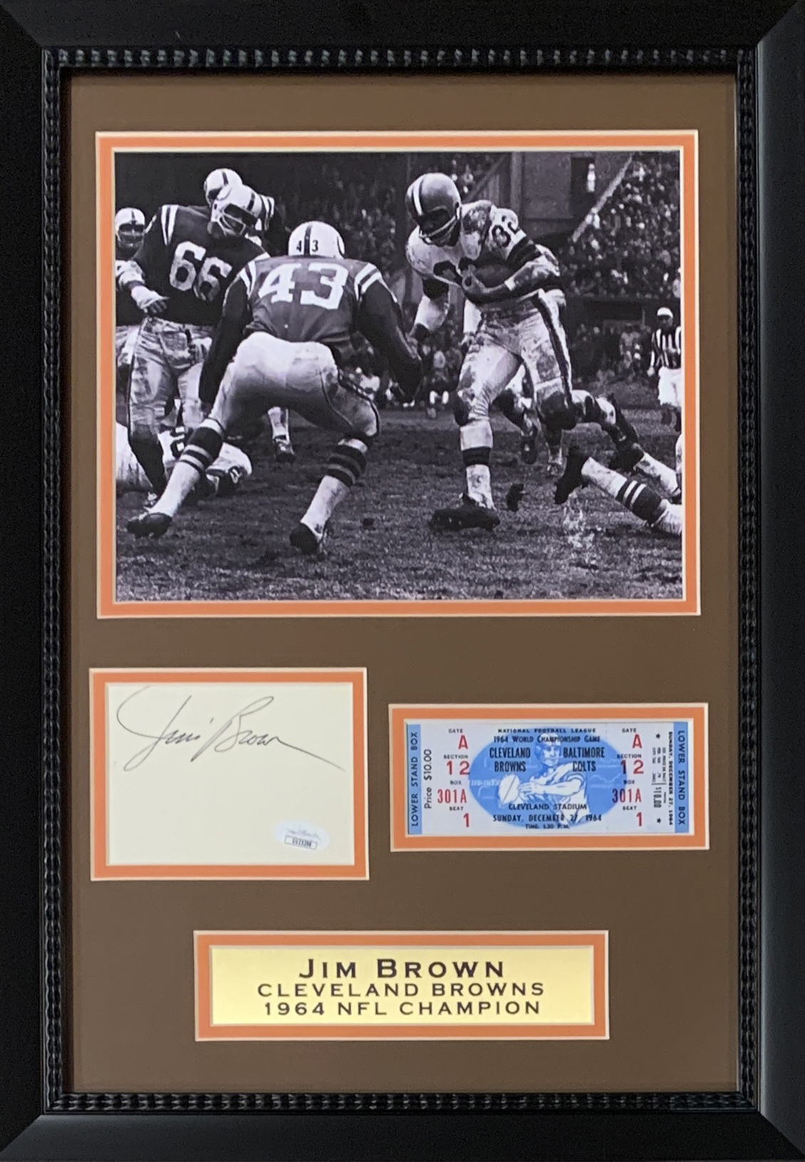 Jim Brown Autographed Cleveland Browns Signed 1964 Championship 14x20 Photo Ticket Framed Display JSA COA Jim Brown Autographed Cleveland Browns Signed 1964 Championship 14x20 Photo Ticket Framed Display JSA COA