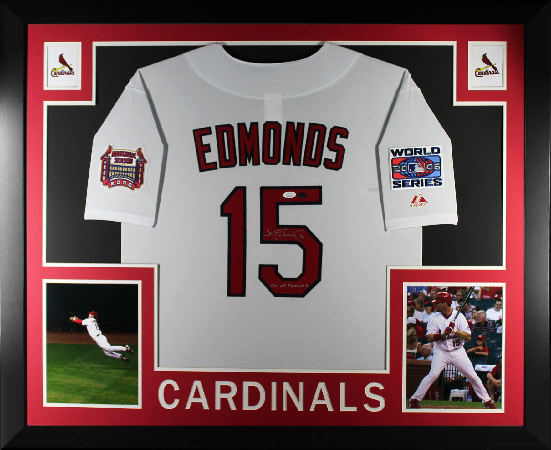 Jim Edmonds Autographed St Louis Cardinals Signed 2006 World Series Majestic Baseball Framed Jersey JSA COA
