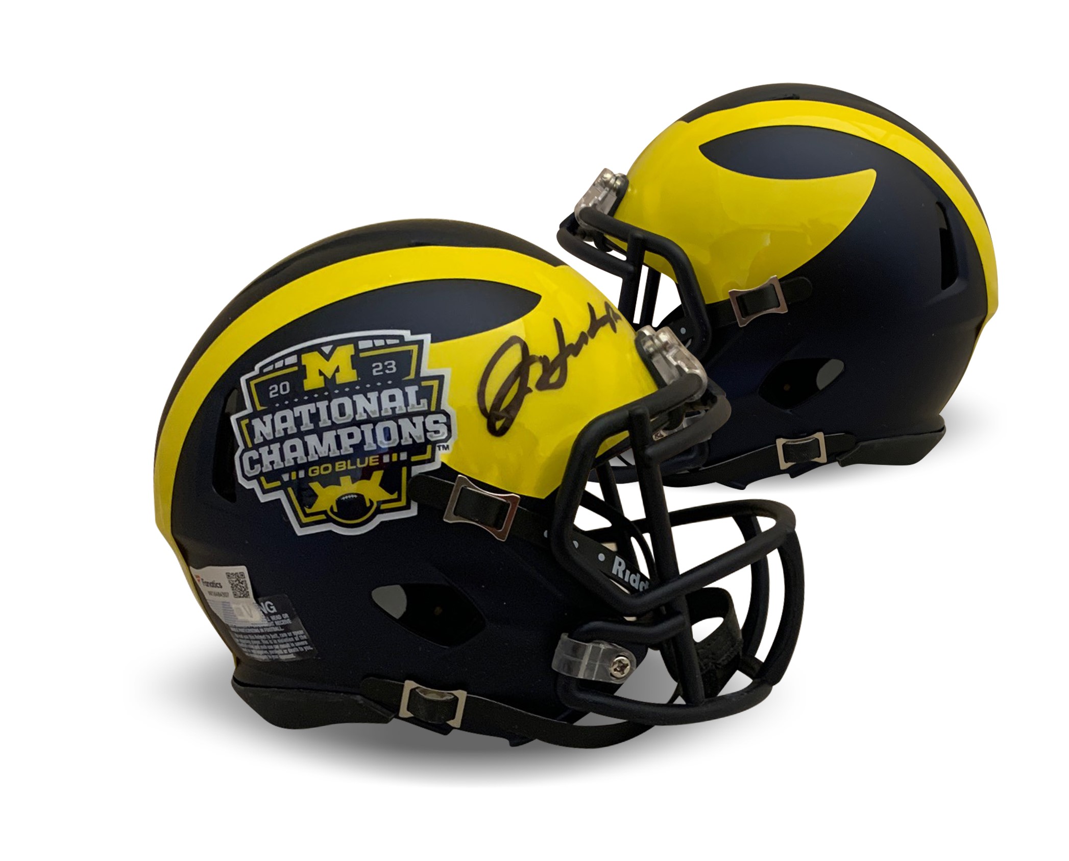 Jim Harbaugh Autographed Michigan Wolverines 2023 National Champions Signed Football Mini Helmet Fanatics Authentic COA
