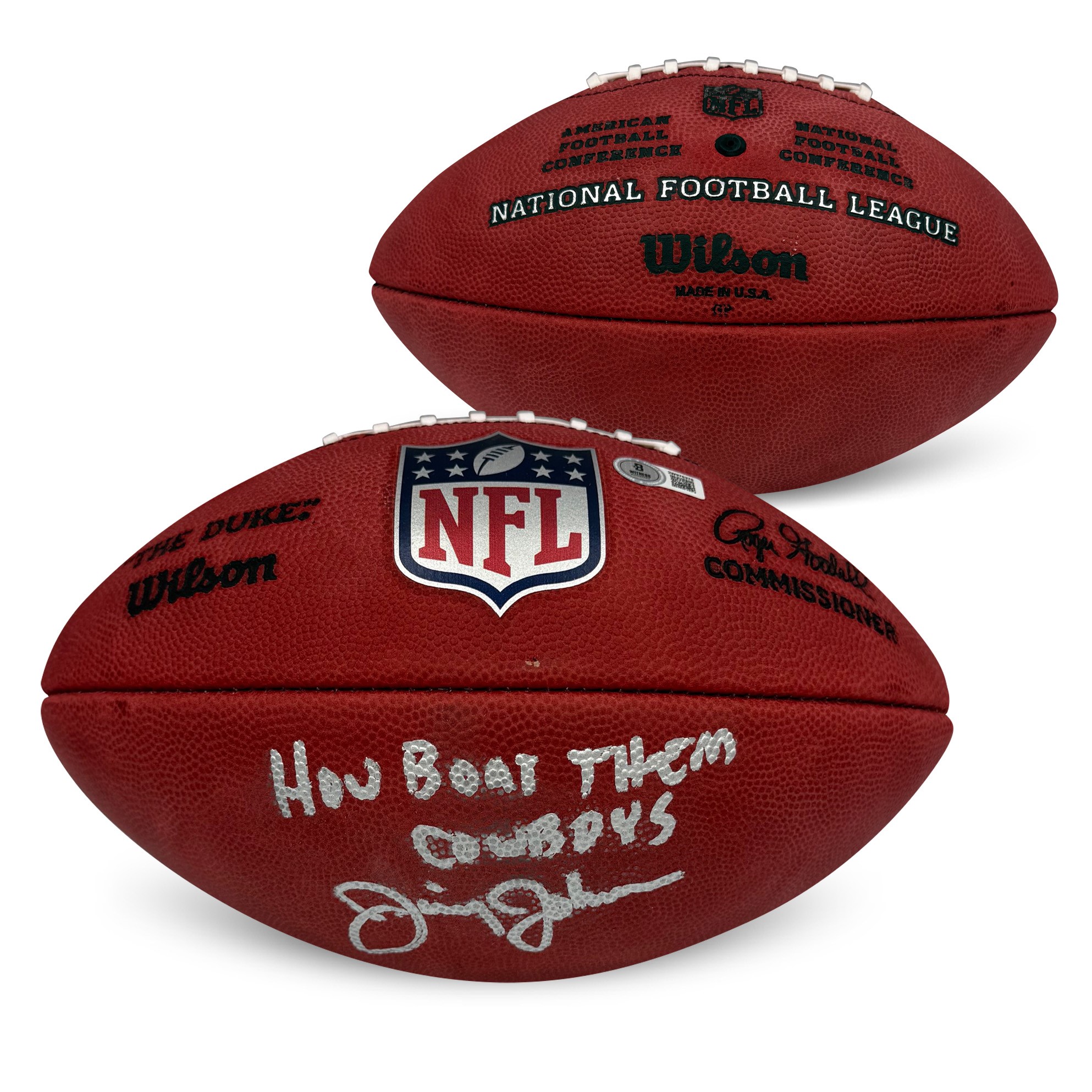 Jimmy Johnson Autographed NFL Duke Authentic Game Signed Football HOW BOUT THEM COWBOYS Beckett COA