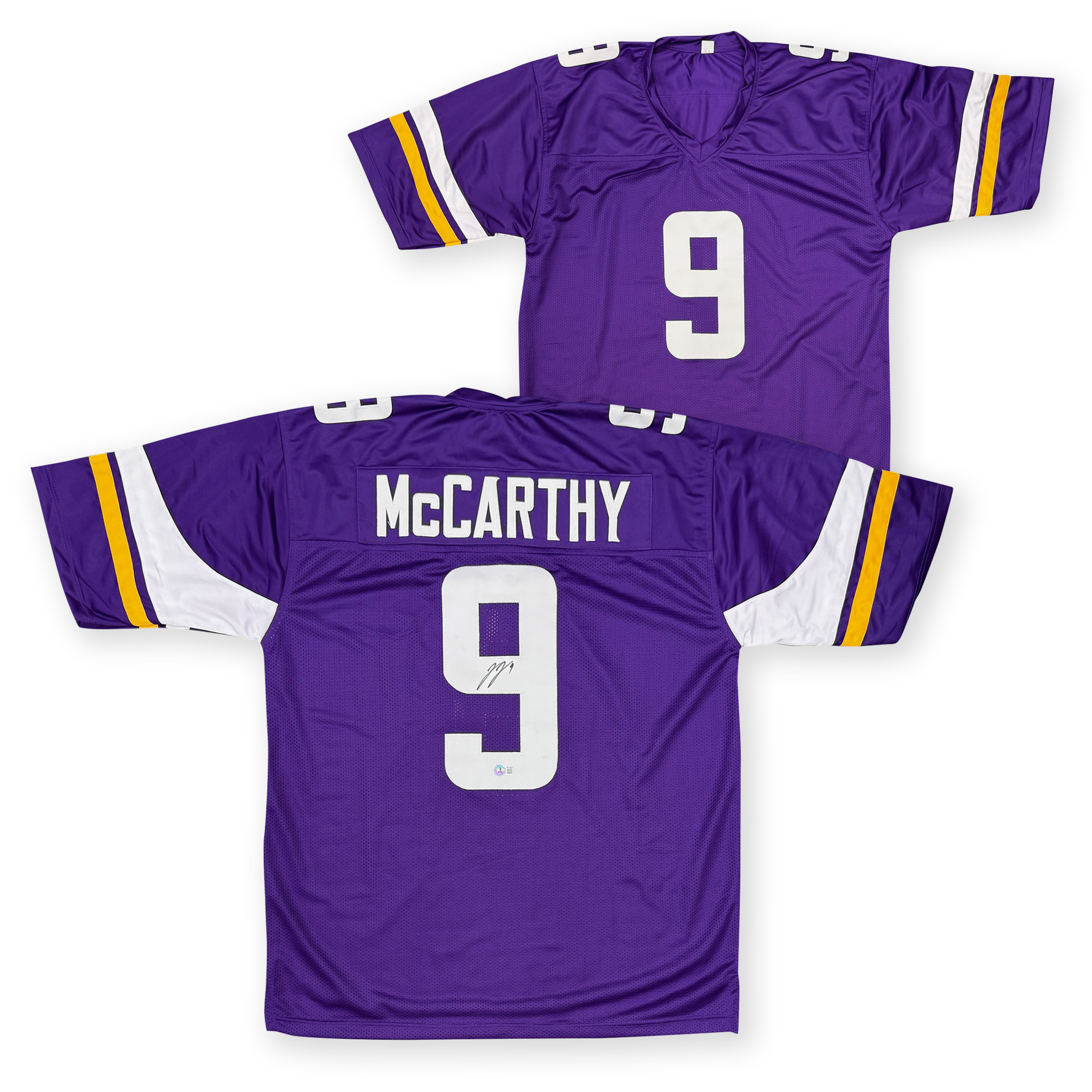 J.J. McCarthy Autographed Custom Pro Style Purple Signed Football Jersey Beckett COA J.J. McCarthy Autographed Custom Pro Style Purple Signed Football Jersey Beckett COA