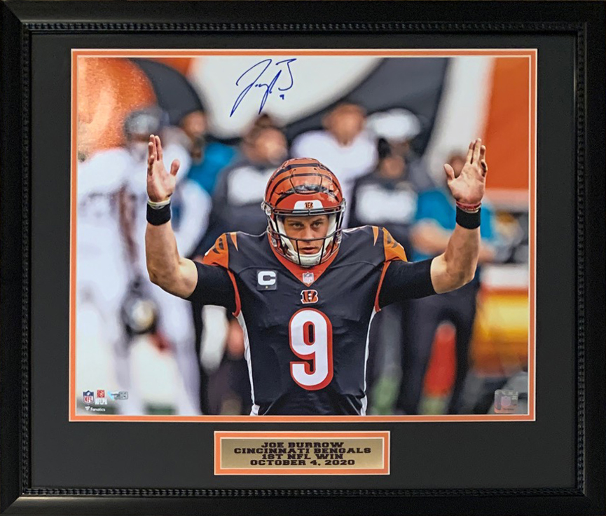 Joe Burrow Autographed Cincinnati Football 16x20 Framed Photo 1st Win Fanatics