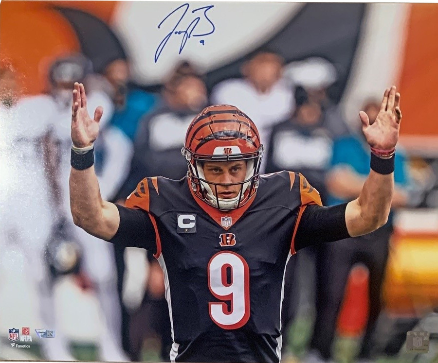 Joe Burrow Autographed Cincinnati Signed Football 16x20 Photo 1st Win Fanatics