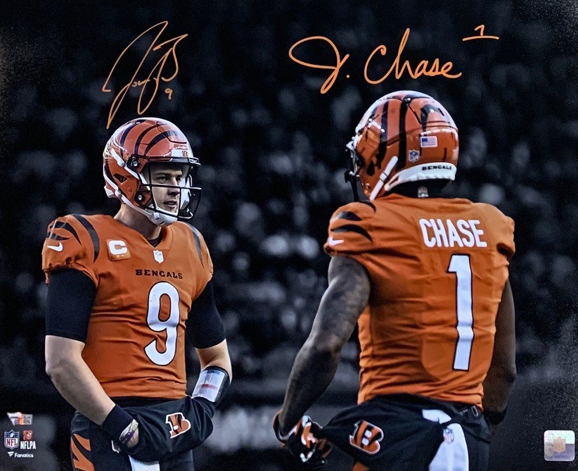 Joe Burrow & Ja'Marr Chase Autographed Cincinnati Signed Football 16x20 Photo Fanatics Authentic COA
