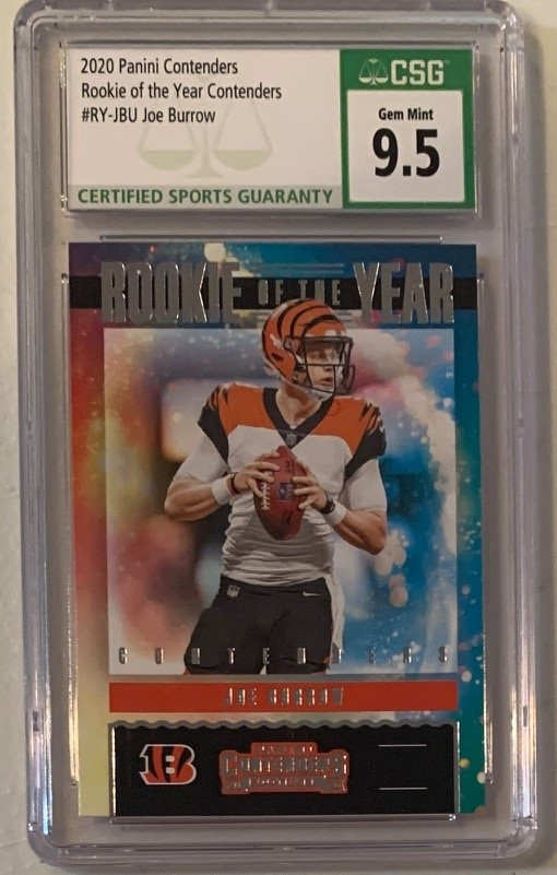 Joe Burrow 2020 Panini Contenders Rookie of the Year Card RC #RY-JBU Graded CSG 9.5 Joe Burrow 2020 Panini Contenders Rookie of the Year Card RC #RY-JBU Graded CSG 9.5