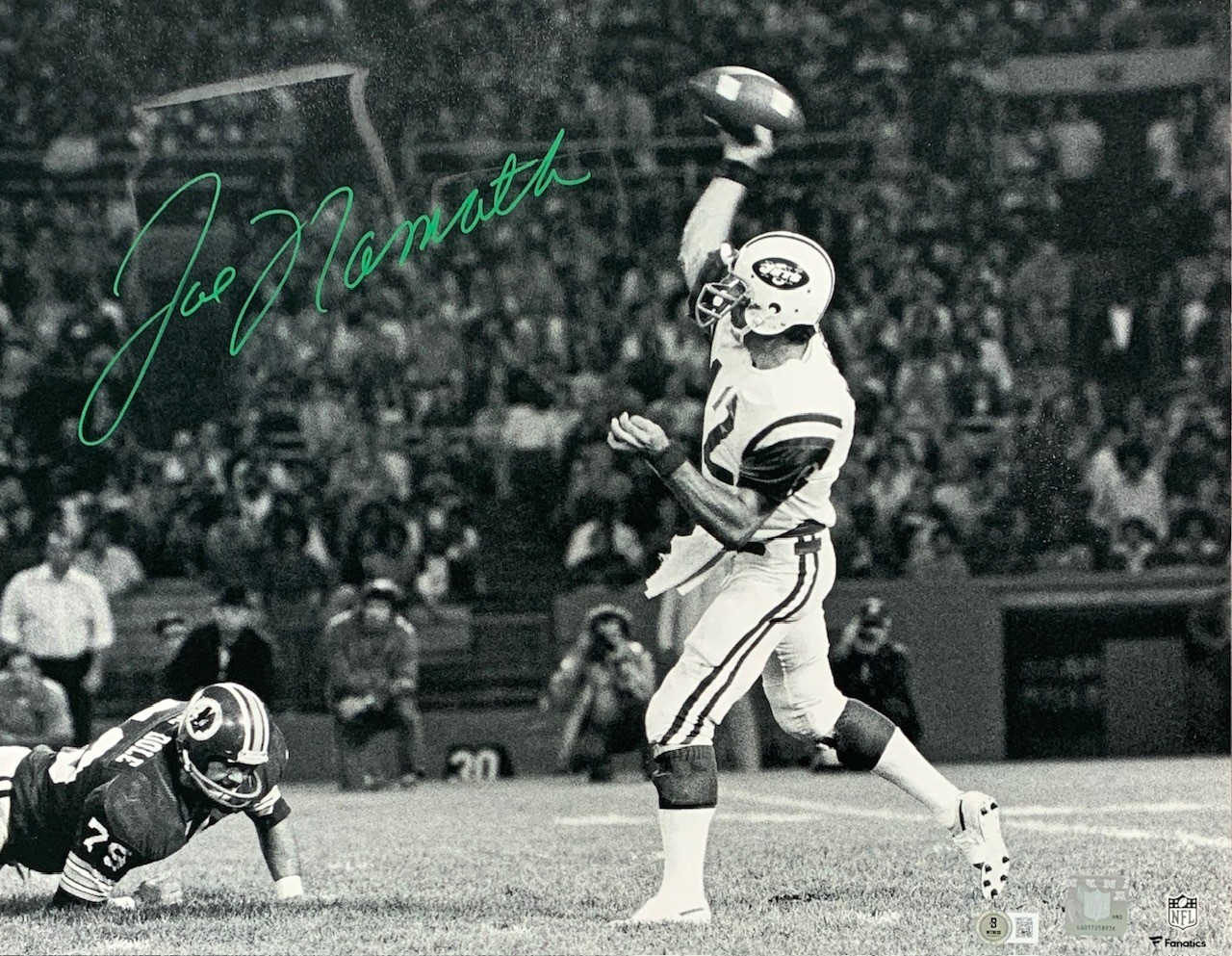 Joe Namath Autographed New York Jets Signed Football 16x20 Photo Beckett COA Damaged