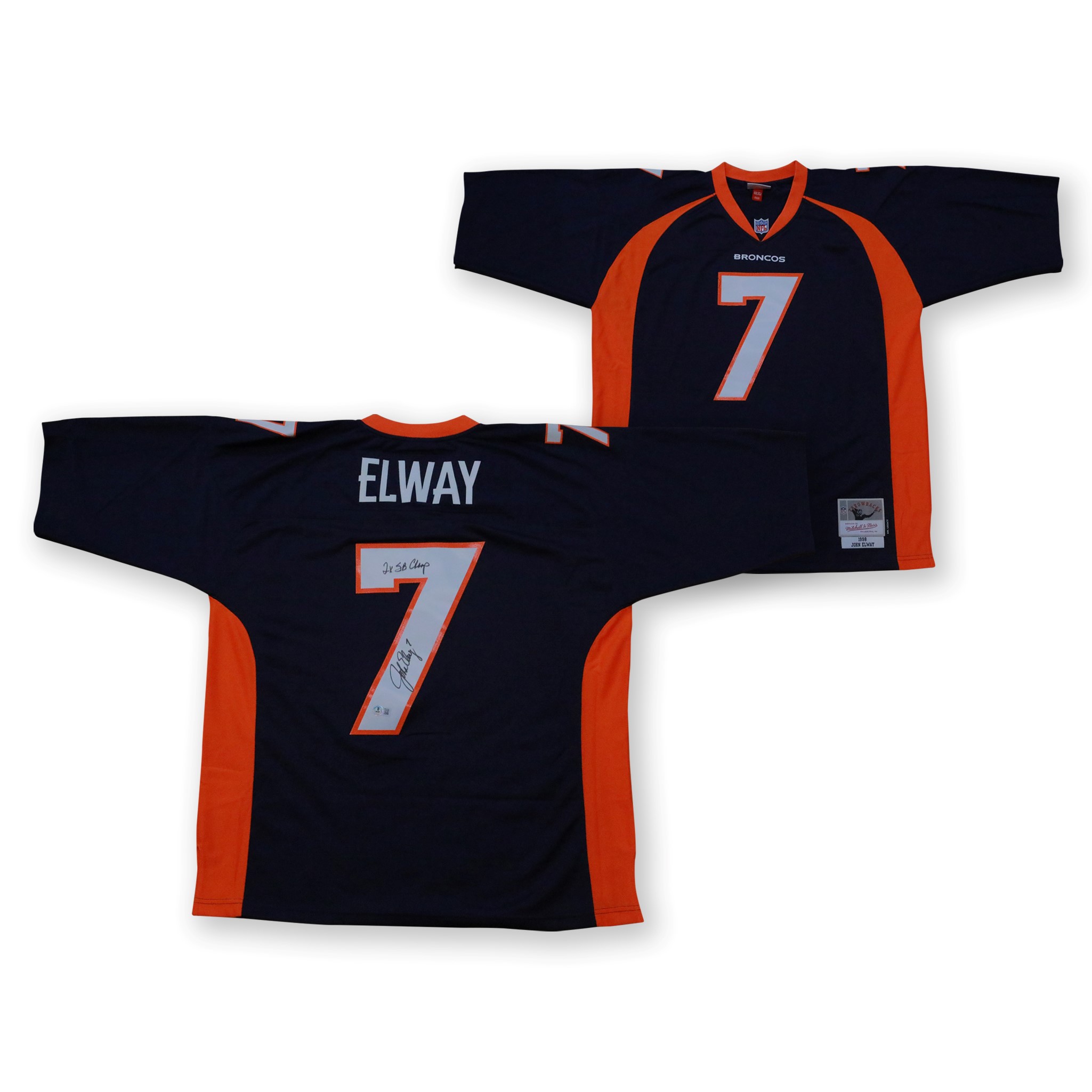 John Elway Autographed Denver Broncos Signed Mitchell & Ness Football Jersey 2 x SB CHAMP Beckett COA
