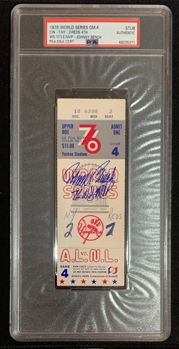 Johnny Bench Autographed 1976 World Series MVP Game 4 Signed Baseball Ticket Stub Fanatics PSA DNA COA 66035371 Johnny Bench Autographed 1976 World Series MVP Game 4 Signed Baseball Ticket Stub Fanatics PSA DNA COA 66035371