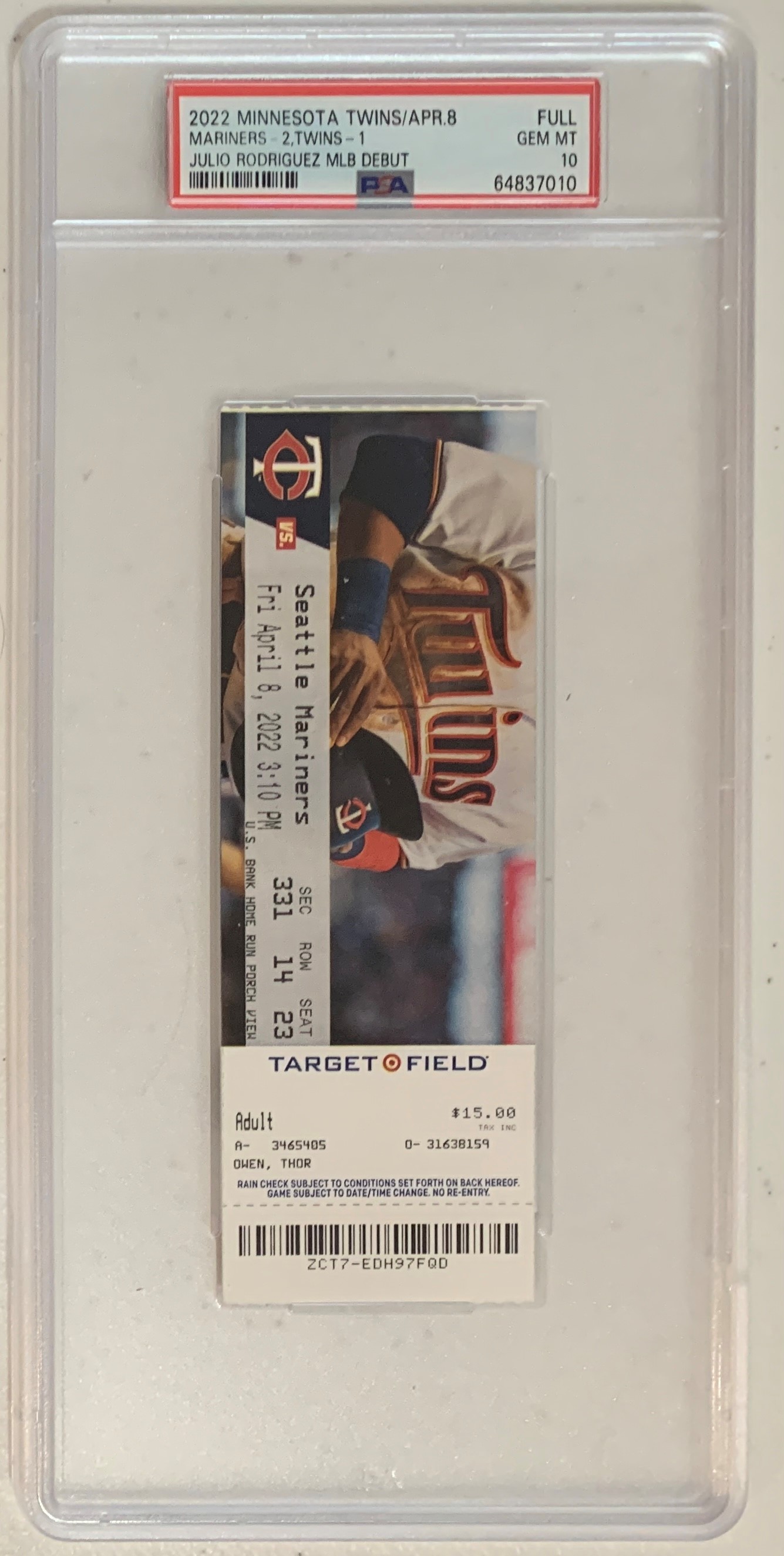 Julio Rodriguez Seattle Mariners MLB Rookie Debut Baseball Ticket 4/8/22 April 8 Graded PSA 10 Julio Rodriguez Seattle Mariners MLB Rookie Debut Baseball Ticket 4/8/22 April 8 Graded PSA 10