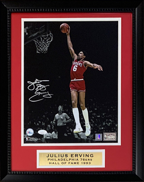 Julius Erving Autographed Philadelphia 76ers Signed Basketball 11x14 Framed Photo JSA COA