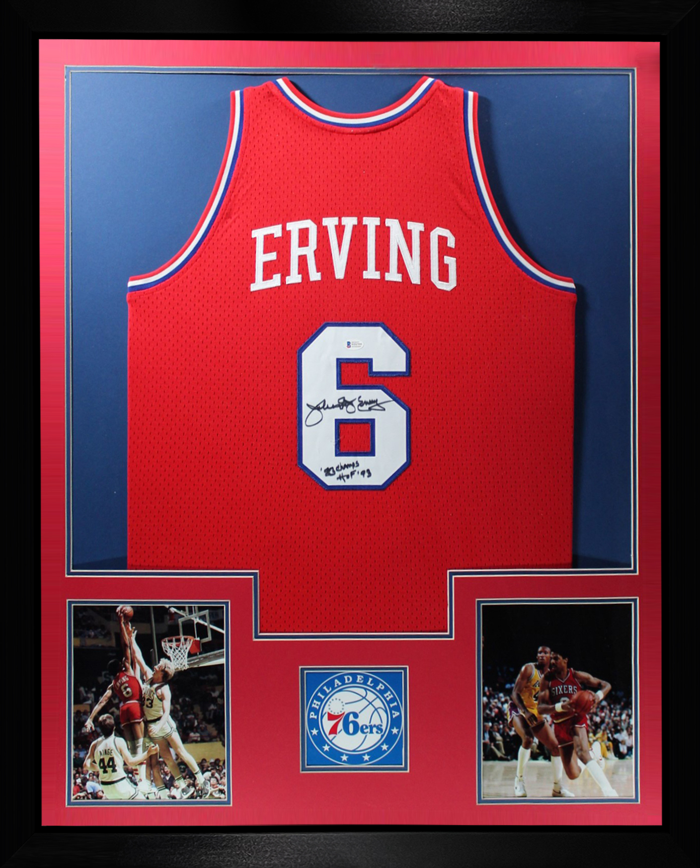 Julius Erving Autographed Philadelphia Signed Mitchell & Ness Framed Jersey HOF CHAMPS Beckett