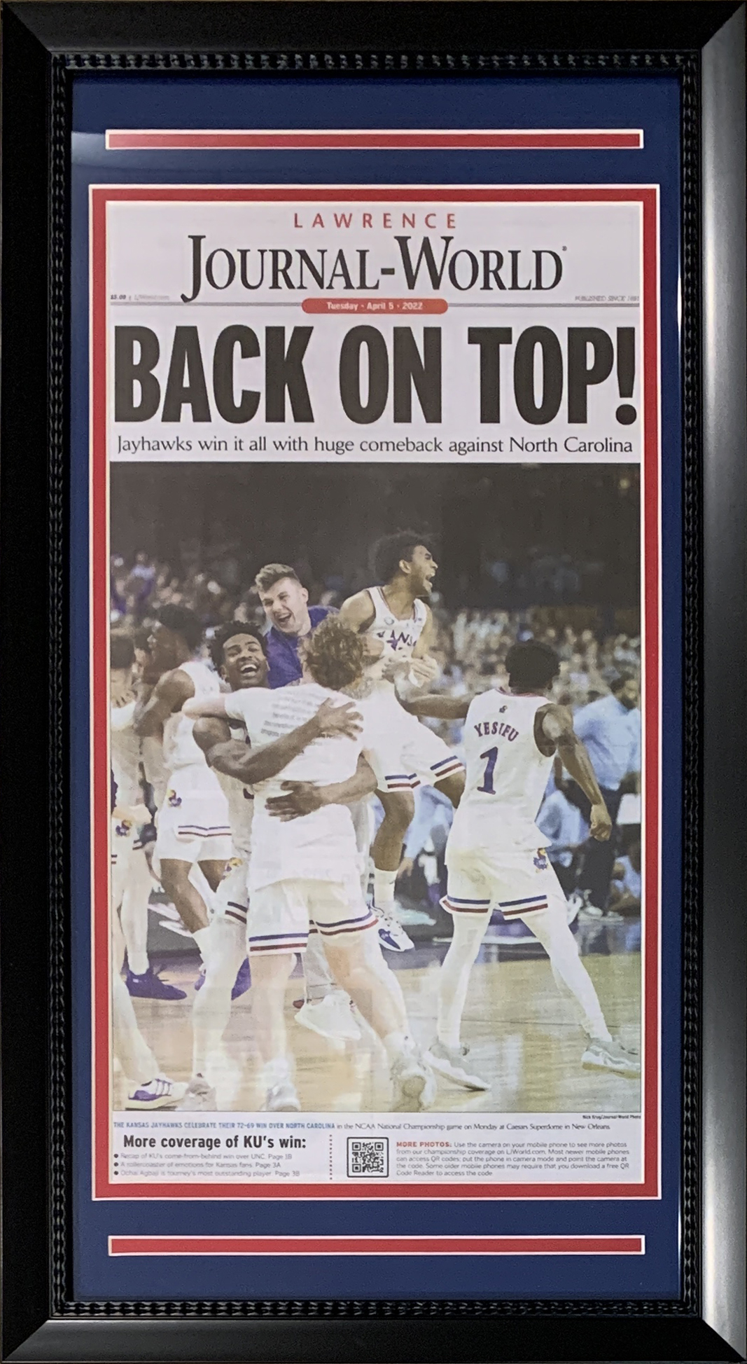 Kansas Jayhawks 2022 NCAA Basketball Champions Lawrence Journal World Original Front Page Framed Newspaper 14x26 GET THE AUTHENTIC VERSION! Kansas Jayhawks 2022 NCAA Basketball Champions Lawrence Journal World Original Front Page Framed Newspaper 14x26 GET THE AUTHENTIC VERSION!