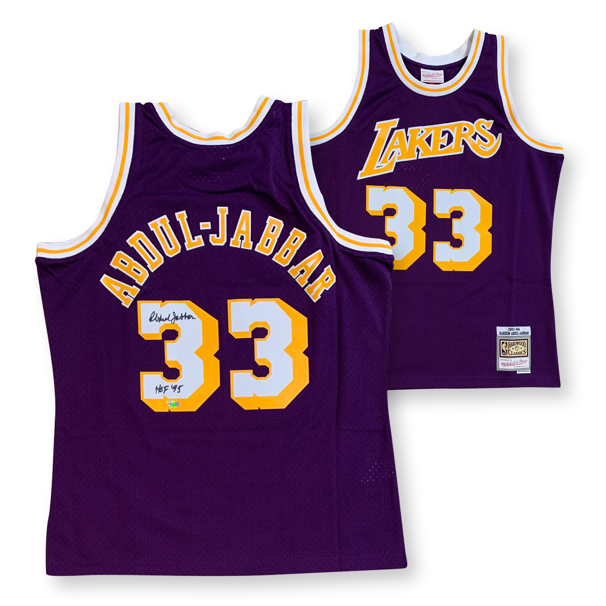 Kareem Abdul-Jabbar Autographed Los Angeles Lakers Signed Mitchell & Ness Purple Swingman Basketball Jersey Hall of Fame HOF 95 Fanatics Authentic COA