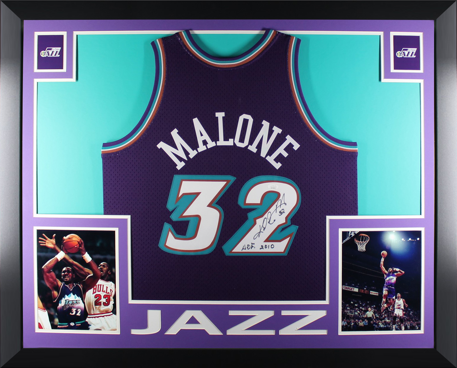 Karl Malone Autographed Utah Jazz Signed Mitchell & Ness Swingman Framed Jersey Hall of Fame HOF 2010 JSA COA