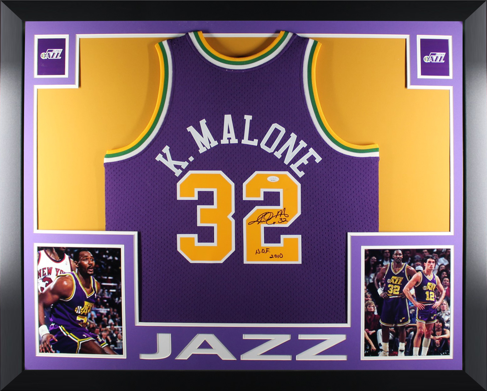Karl Malone Autographed Utah Jazz Signed Mitchell & Ness Purple Swingman Framed Jersey Hall of Fame HOF 2010 JSA COA