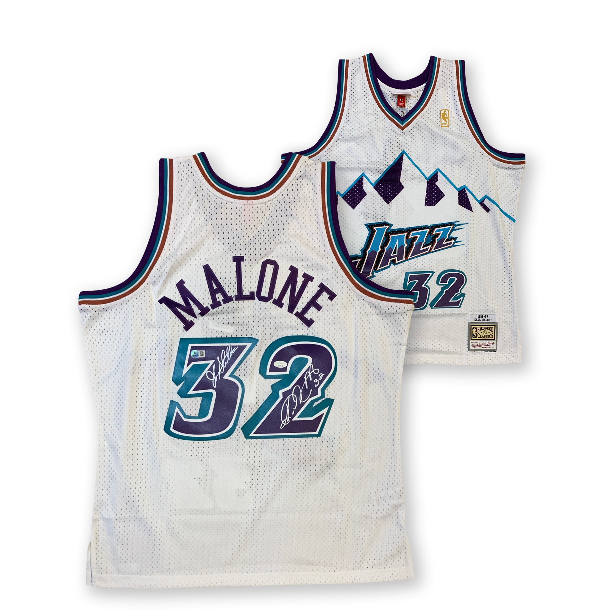 John Stockton and Karl Malone Autographed Utah Jazz Mitchell & Ness White Swingman Signed Basketball Jersey Beckett JSA COA