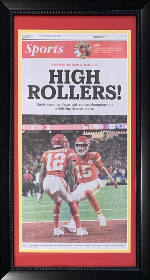 Kansas City Chiefs Super Bowl 58 LVIII Champions Original Front Page KC Star Framed Newspaper With Patrick Mahomes 2/13/24 HIGH ROLLERS