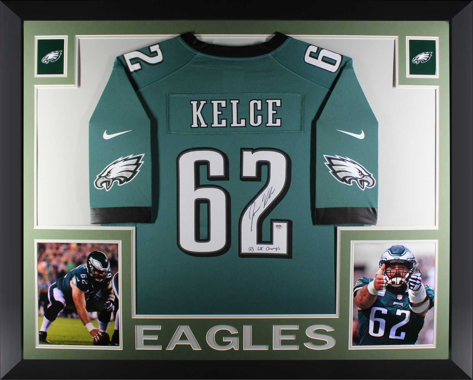 Jason Kelce Autographed Philadelphia Eagles Signed Nike Football Framed Jersey Super Bowl 52 LII CHAMP PSA DNA COA