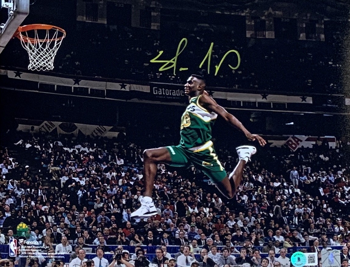 Shawn Kemp Autographed Seattle Supersonics Signed Basketball All-Star Game Dunk 11x14 Photo Beckett COA Shawn Kemp Autographed Seattle Supersonics Signed Basketball All-Star Game Dunk 11x14 Photo Beckett COA